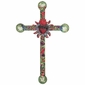 Painted Wood Mexican Folk Art Cross with Tin Fiery Heart