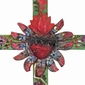 Painted Wood Mexican Folk Art Cross with Tin Fiery Heart