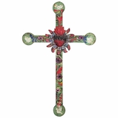 Painted Wood Mexican Folk Art Cross with Tin Fiery Heart