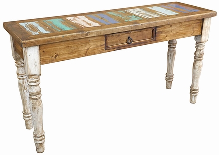 Painted Wood Sofa Table with White-Washed Turned Legs and Multi-Color Top