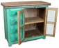 Painted Wood Turquoise Buffet with Glass Panel Doors and Small Drawers