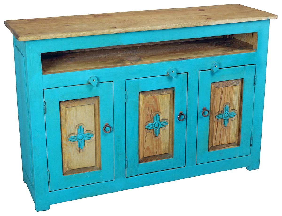 Painted Wood TV Stand with Carved Zia Doors