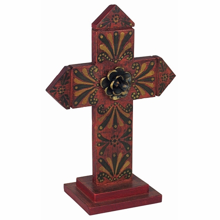 Pointed Painted Wood Folk Art Cross with Base