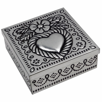 Punched Tin Keepsake Jewelry Box with Embossed Heart and Mirror - Assorted