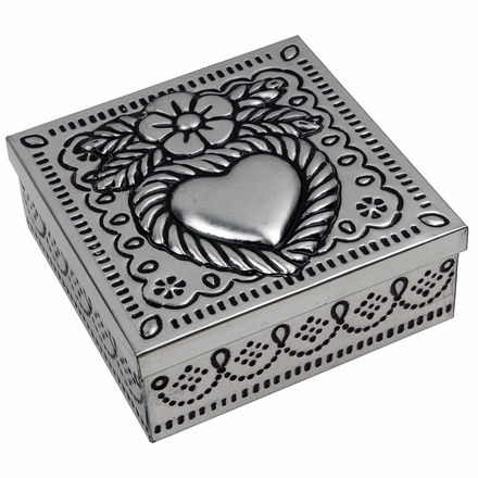 Punched Tin Keepsake Jewelry Box with Embossed Heart and Mirror - Assorted