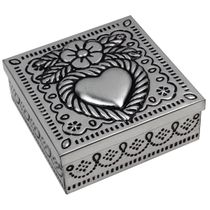 Punched Tin Keepsake Jewelry Box with Embossed Heart and Mirror - Assorted