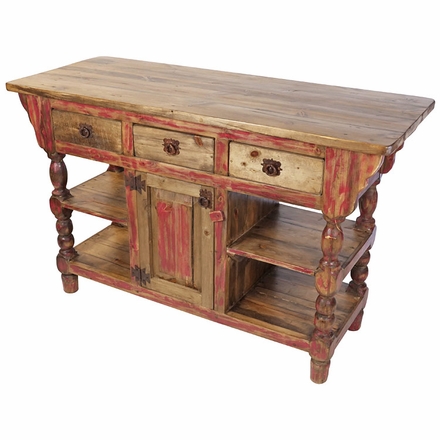 Red Accent Turned Leg Rustic Wood Kitchen Island with Drawers