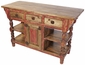 Red Accent Turned Leg Rustic Wood Kitchen Island with Drawers