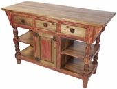 Red Accent Turned Leg Rustic Wood Kitchen Island with Drawers