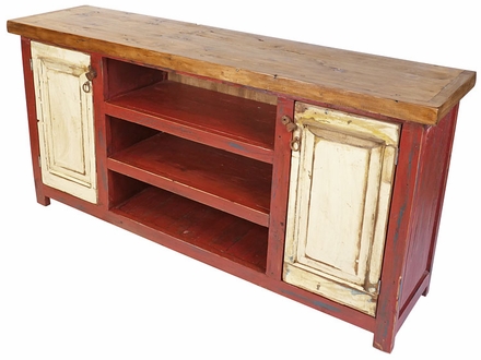 Red and White 2 Door Entertainment Console with Natural Top