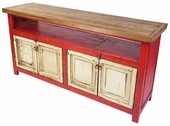 Red  and White Entertainment Console with Natural Top and 4 Doors
