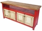 Red  and White Entertainment Console with Natural Top and 4 Doors