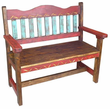 Red Carved Painted Wood Bench