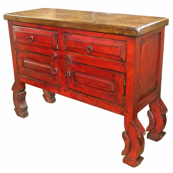 Red Chiro TV Stand with Ox Yoke Carved Legs