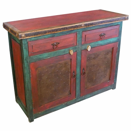 Red & Green Painted Wood Buffet with Metal Panel Doors
