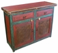 Red & Green Painted Wood Buffet with Metal Panel Doors
