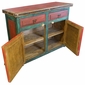 Red & Green Painted Wood Buffet with Metal Panel Doors