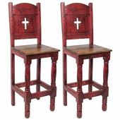 Red Mexican Painted Wood Bar Stool with Cross - Set of 2