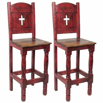 Red Mexican Painted Wood Bar Stool with Cross - Set of 2