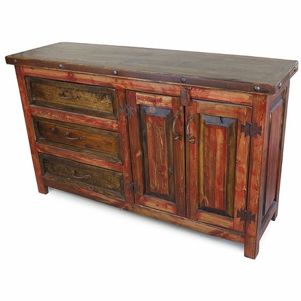 Red Painted Rustic Wood Buffet - 2 Doors - 3 Drawers