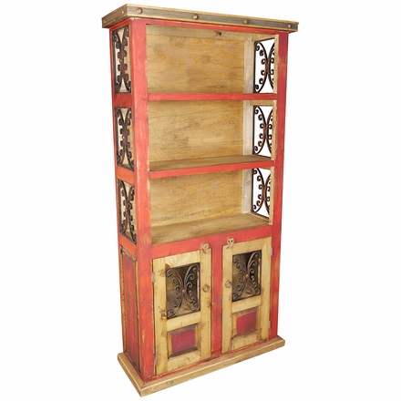 Red Painted Wood Book Shelf with Iron Scrollwork