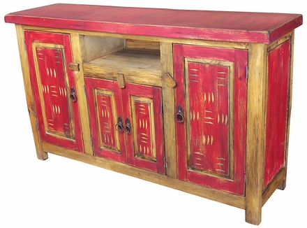 Red Painted Wood Buffet with Etched Doors