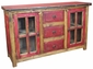 Red Painted Wood Buffet with Glass Panel Doors