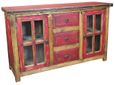 Red Painted Wood Buffet with Glass Panel Doors