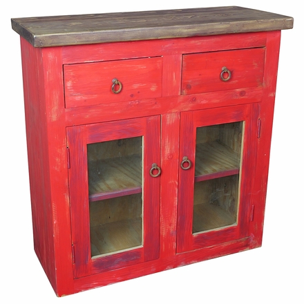 Red Painted Wood Buffet with Glass Panel Doors