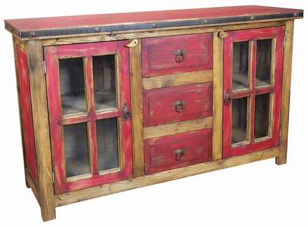 Red Painted Wood Buffet with Glass Panel Doors