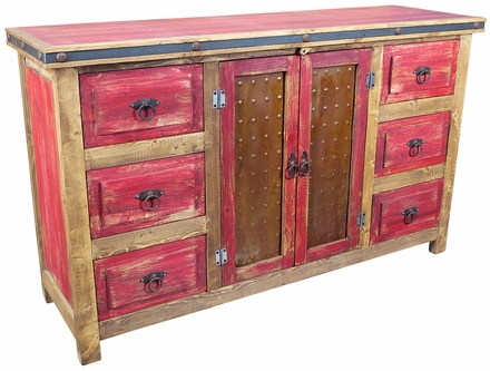 Red Painted Wood Buffet with Iron Panel Doors - 2 Doors & 6 Drawers