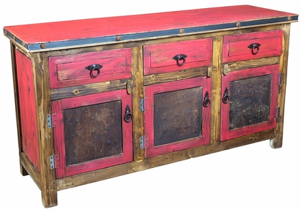 Red Painted Wood Buffet with Iron Panel Doors