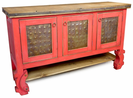Red Painted Wood Buffet with Ox Yoke Legs and Tin Panelled Doors