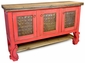 Red Painted Wood Buffet with Ox Yoke Legs and Tin Panelled Doors