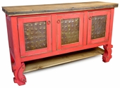 Red Painted Wood Buffet with Ox Yoke Legs and Tin Panelled Doors
