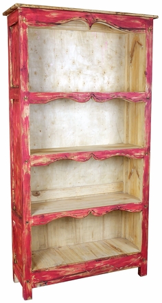 Red Painted Wood Rustic Bookcase with Etchings