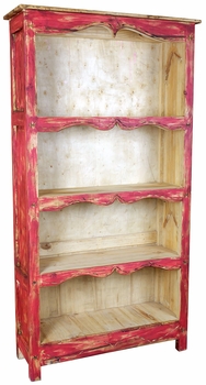 Red Painted Wood Rustic Bookcase with Etchings