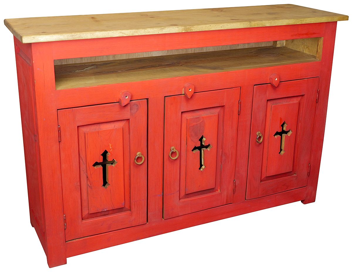 Red Painted Wood TV Stand with Cross Cutout Doors