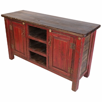 Red Rustic Painted Wood Entertainment Console or Credenza