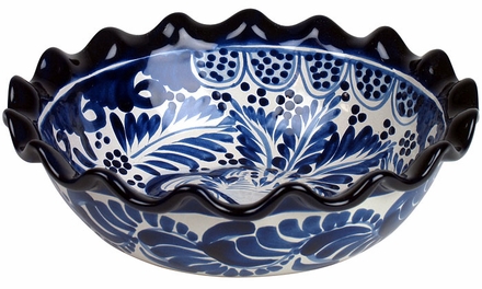 Round Scalloped Blue & White Talavera Serving Bowl