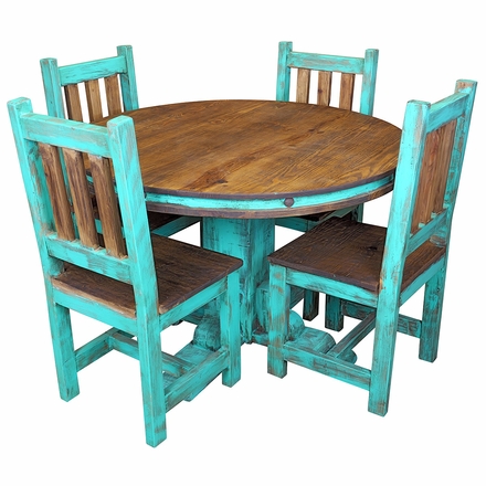 Round Turquoise Painted Wood Dining Table Set with 4 Chairs