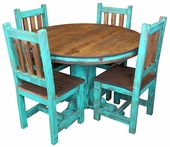 Round Turquoise Painted Wood Dining Table Set with 4 Chairs