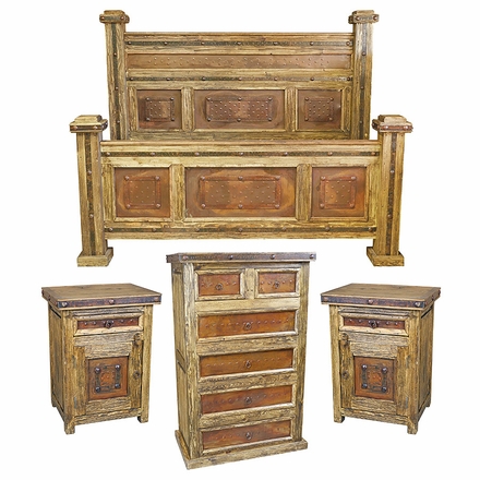 Rustic 4-Piece King Bedroom Set with Iron Clavos and Accents