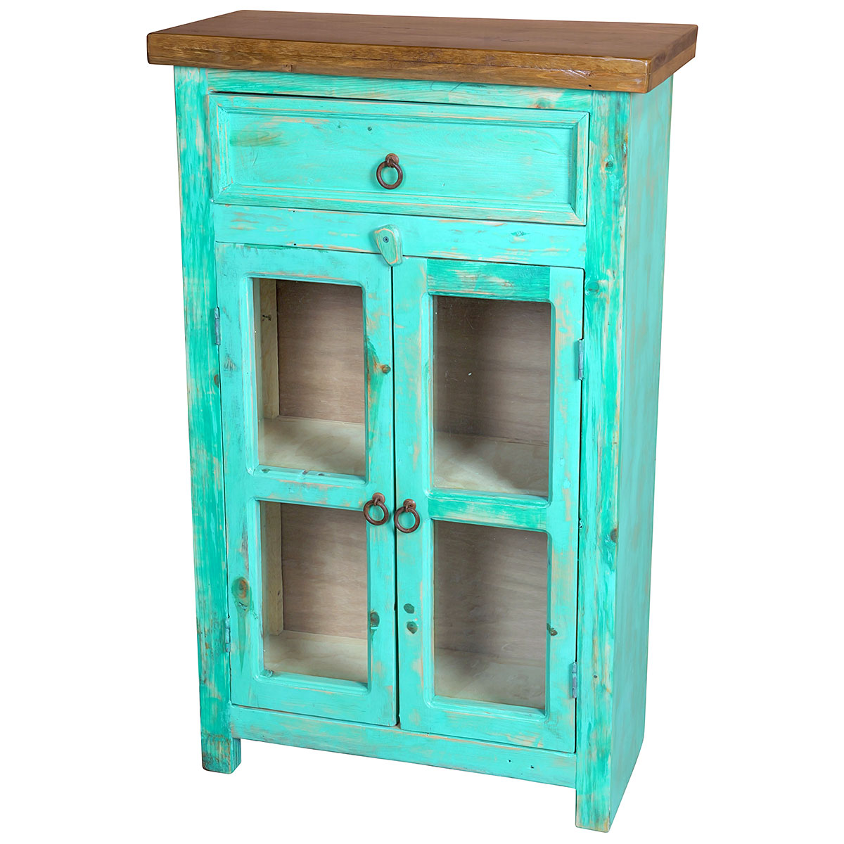 Rustic Green Glass Door Cabinet with Natural Top, 2 Door, 1 Drawer