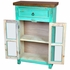 Rustic Green Glass Door Cabinet with Natural Top, 2 Door, 1 Drawer