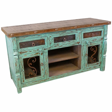Rustic Green Painted Wood Ox Yoke TV Console with Iron Accents