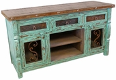 Rustic Green Painted Wood Ox Yoke TV Console with Iron Accents