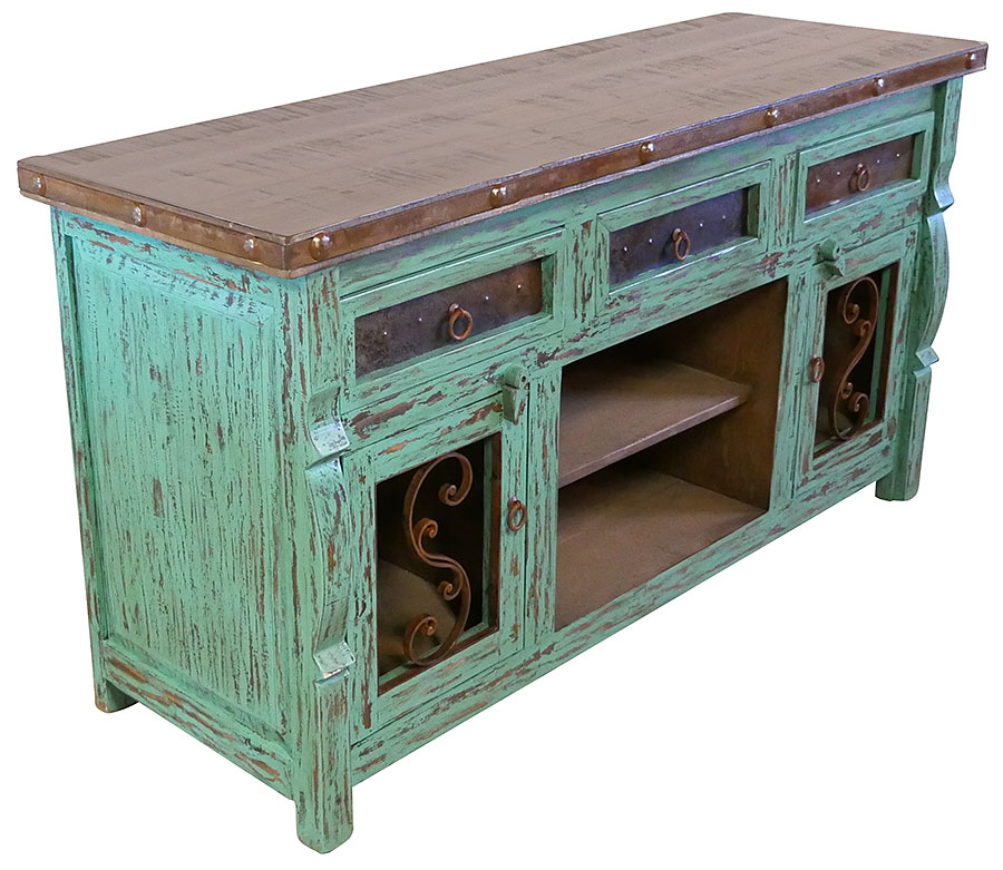 Rustic Green Painted Wood Ox Yoke TV Console with Iron Accents