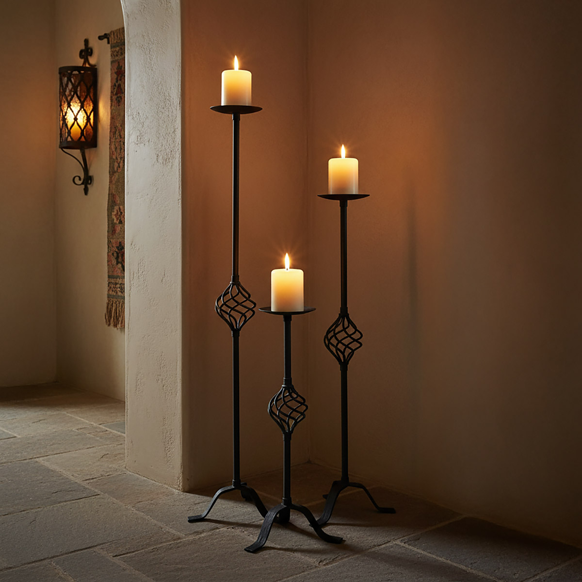 Rustic Iron Spiral Floor Candle Holders - Set of 3