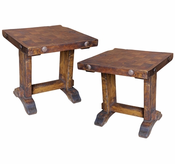 Rustic Mesquite Butcher Block Top End Tables - Set of 2